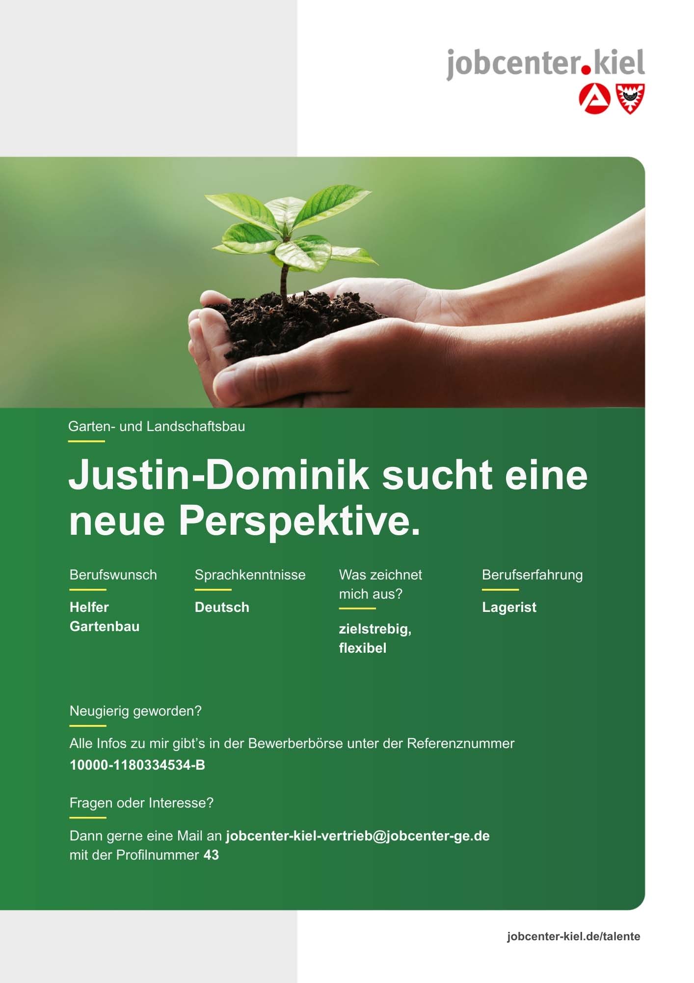 Voransicht eines Talentprofils des Jobcenters Kiel. Oben rechts das Logo des Jobcenters Kiel. Darunter eine Fotografie von zwei Händen, die kleinen Setzling mit Erde halten. In der Bildmitte Text: ‚Justin-Dominik sucht eine neue Perspektive.‘ Es folgen Angaben zu Berufswunsch (Helfer Gartenbau), Sprachkenntnissen (Deutsch), Was zeichnet mich aus? (zielstrebig, flexibel), sowie Berufserfahrung (Lagerist). Unten Kontaktinformationen zum Jobcenter Kiel mit E-Mail-Adresse (jobcenter-kiel-vertrieb@jobcenter-ge.de), Profilnummer (43) und die Referenznummer (10000-1180334534-B) für die Bewerberbörse der Agentur für Arbeit. Mit Klick auf diese Voransicht erscheint das Profil als PDF mit denselben Informationen.