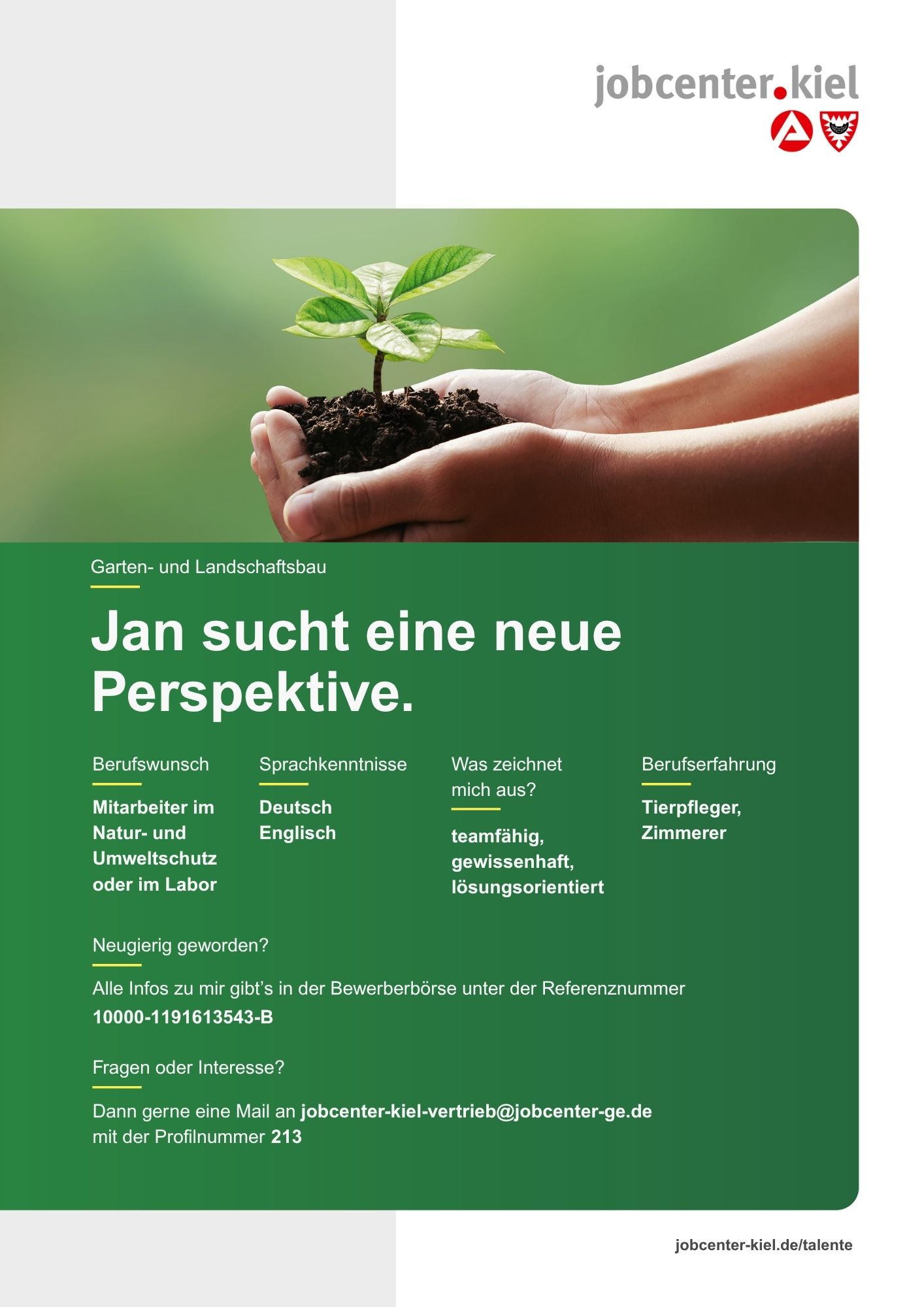 Voransicht eines Talentprofils des Jobcenters Kiel. Oben rechts das Logo des Jobcenters Kiel. Darunter eine Fotografie von zwei Händen, die ein kleines Pflänzchen in Erde halten. In der Bildmitte Text: ‚Jan sucht eine neue Perspektive.‘ Es folgen Angaben zu Berufswunsch (Mitarbeiter im Natur- und Umweltschutz oder im Labor), Sprachkenntnissen (Deutsch, Englisch), Was zeichnet mich aus? (teamfähig, gewissenhaft, lösungsorientiert), sowie Berufserfahrung (Tierpfleger, Zimmerer). Unten Kontaktinformationen zum Jobcenter Kiel mit E-Mail-Adresse (jobcenter-kiel.vertrieb@jobcenter-ge.de), Profilnummer (213) und die Referenznummer (10000-1191613543-B) für die Bewerberbörse der Agentur für Arbeit. Mit Klick auf diese Voransicht erscheint das Profil als PDF mit denselben Informationen.