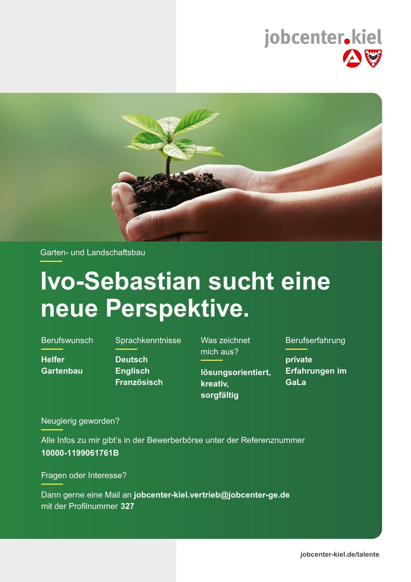 Voransicht eines Talentprofils des Jobcenters Kiel. Oben rechts das Logo des Jobcenters Kiel. Darunter eine Fotografie von Händen, die eine kleine Pflanze mit Erde halten. In der Bildmitte Text: ‚Ivo-Sebastian sucht eine neue Perspektive.‘ Es folgen Angaben zu Berufswunsch (Helfer Gartenbau), Sprachkenntnissen (Deutsch, Englisch, Französisch), Was zeichnet mich aus? (lösungsorientiert, kreativ, sorgfältig), sowie Berufserfahrung (private Erfahrungen im GaLa). Unten Kontaktinformationen zum Jobcenter Kiel mit E-Mail-Adresse (jobcenter-kiel.vertrieb@jobcenter-ge.de), Profilnummer (327) und die Referenznummer (10000-1199061761B) für die Bewerberbörse der Agentur für Arbeit. Mit Klick auf diese Voransicht erscheint das Profil als PDF mit denselben Informationen.